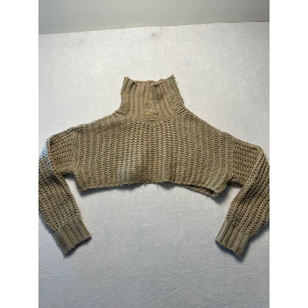 Nectar Clothing M Cropped Sweater Boho Grunge Tan Distressed Ribbed Turtleneck